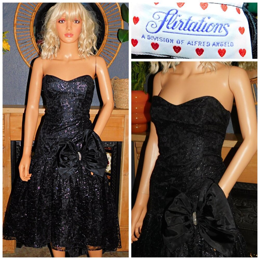 Vintage 80s Black Silver Glitter BOW Strapless Prom Party Dress 8 10 S 1980s Kit